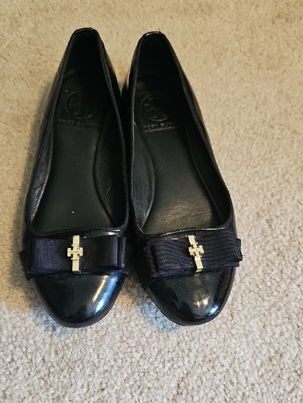Tory Burch Black Patent Bow Flats with Gold Logo